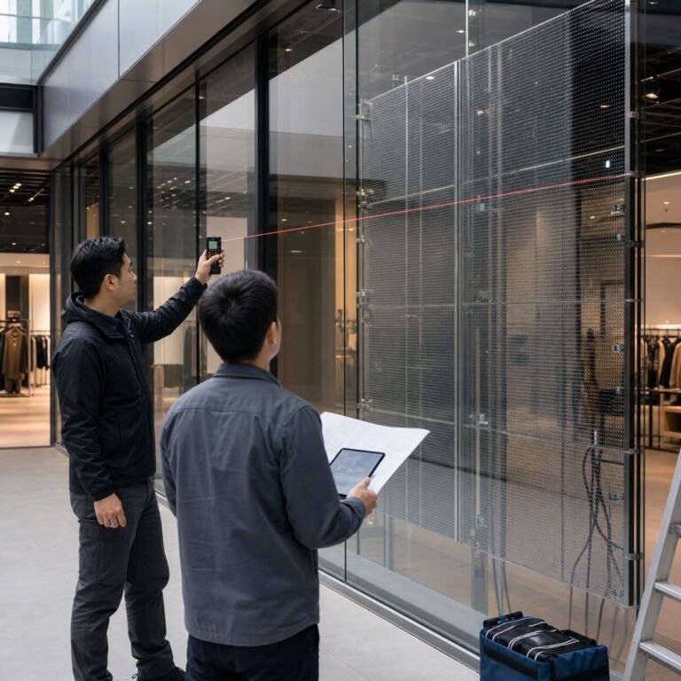 Engineers measuring a retail glass facade for a transparent LED display project